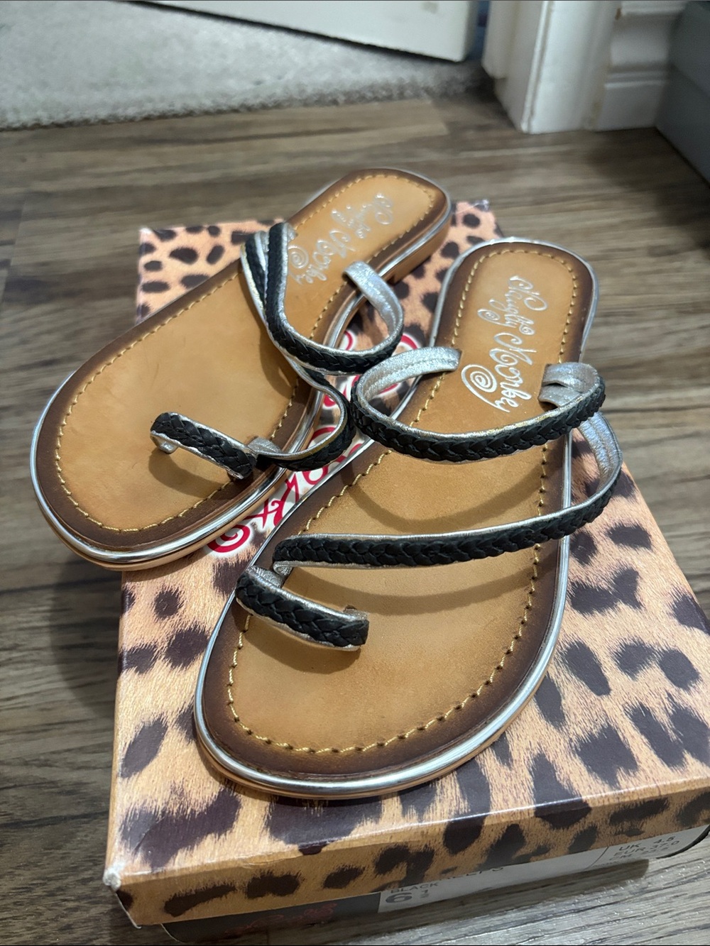 naughty monkey Black Braided Strap Toe-Loop Slide Sandals with Tan Footbed